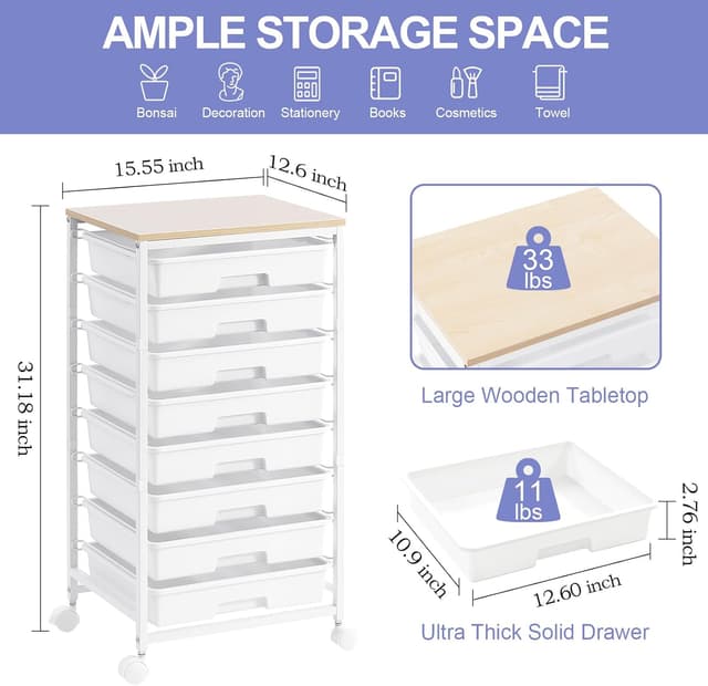 Detalle de SYKIARIOL 8-Drawer Storage Trolley with Lockable Wheels and Plastic Drawers (Nature White)