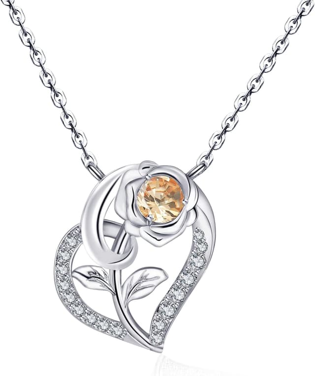 Detalle de Qings Herz Geburtsstein Kette mit Rosen-Anhänger aus 925er Silber (Damen, 5A Zirkonia)