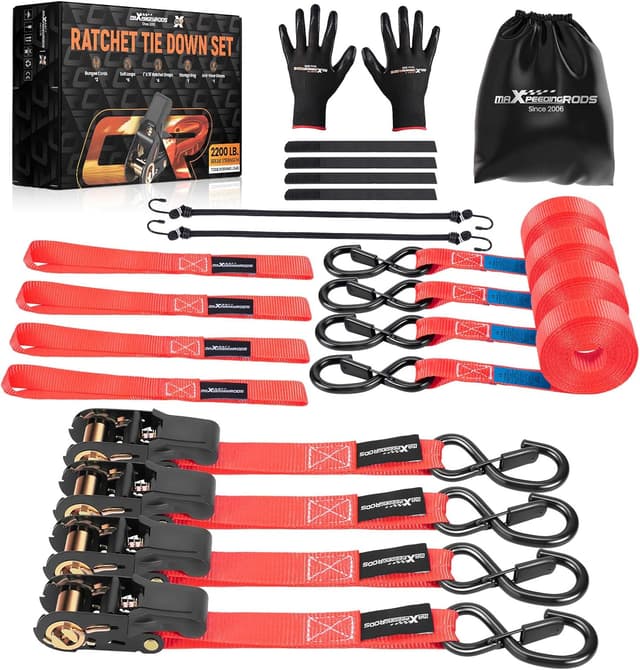 Detalle de maXpeedingrods set di 4 cinghie di fissaggio a cricchetto da 4,5 m con ganci a S e sicurezza fino a 997 kg (EN 12195-2) – Rosso