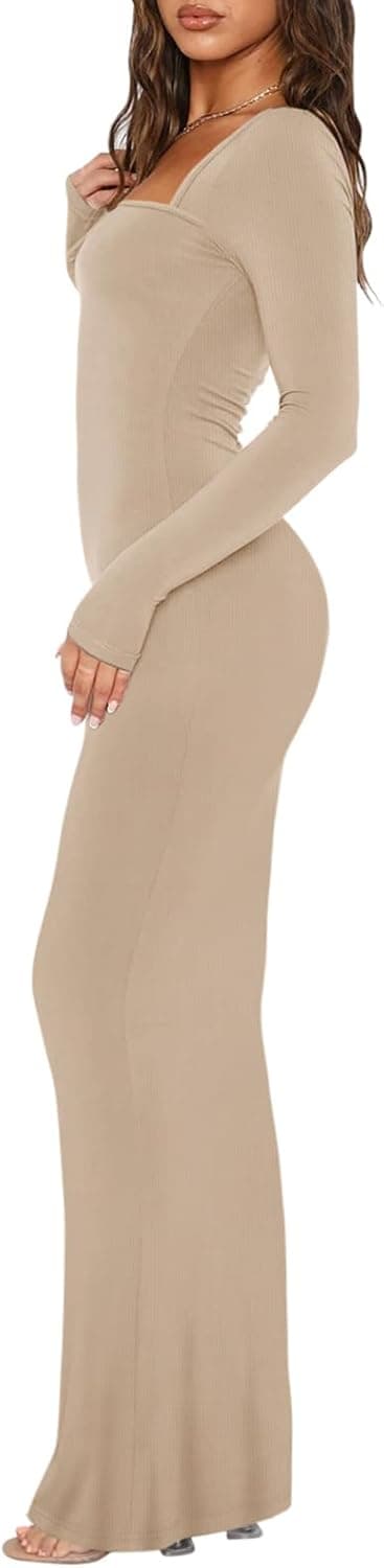 Detalle 2 de REORIA Damen Maxikleid mit quadratischem Ausschnitt und langen Ärmeln – figurbetont lässig gerippt