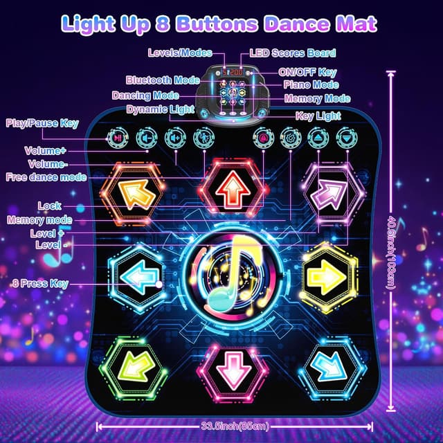 Detalle 1 de Surelect Dance Mat (2025) — Light-Up 8-Button Wireless Bluetooth Dance Pad for Kids (Ages 3–12)