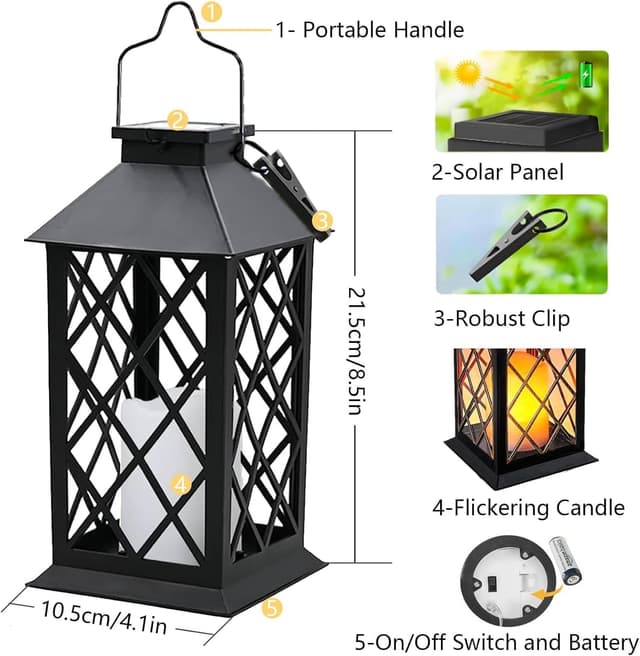 Detalle 2 de Joycome Outdoor Lanterns Solar Garden Lanterns (2 Pack) in Black with Flickering LED Candles