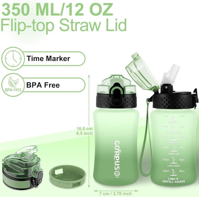 Detalle de GOPPUS 350ml Kids Water Bottle with Straw Lid, Strap and Time Markers (Sage Green Ombre)