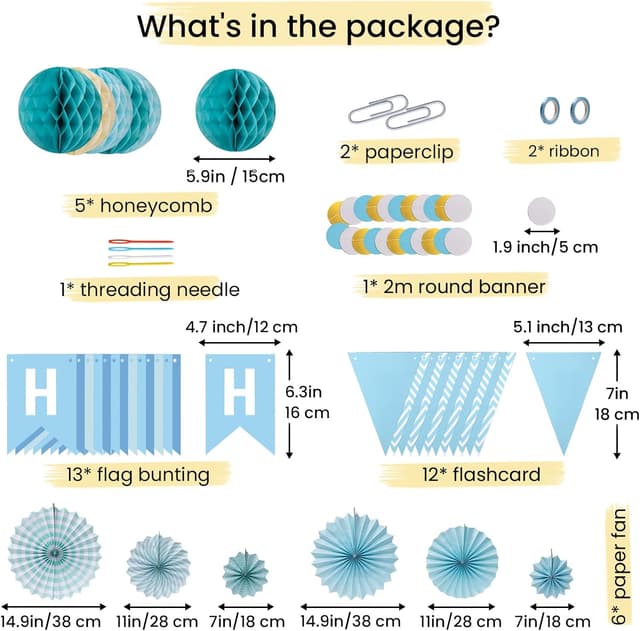 Detalle de Meowoo Geburtstagsdeko in Blau – Happy Birthday Girlande, Wimpelkette, Wabenblumen und Papierfächer (wiederverwendbar)