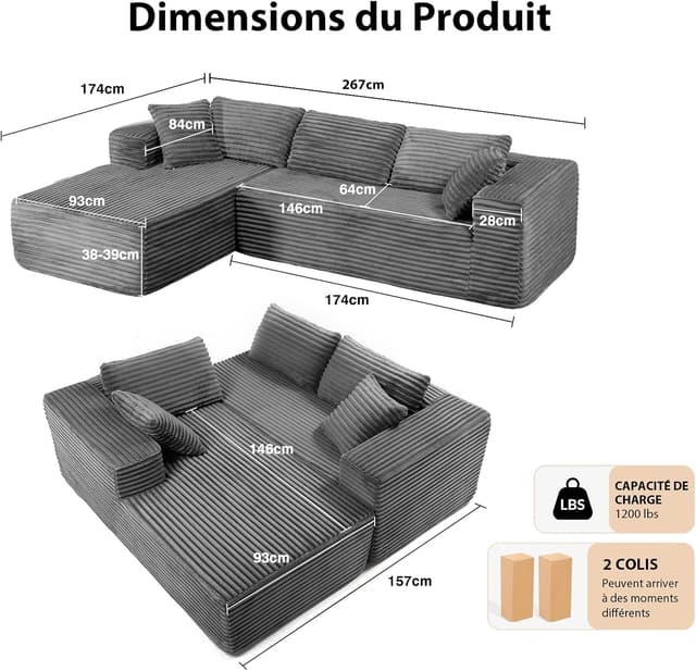 Detalle de COMHOMA Canapé d’angle en forme de L modulable 3 places en velours côtelé gris