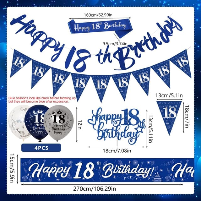 Detalle 2 de Yontree 18th Birthday Decorations – Blue & Silver Banners, Triangle Flags, Cake Toppers & More for Him