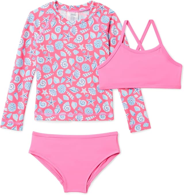 Detalle de Maillot de bain fille 3 pièces Amazon Essentials : rashguard à manches longues et bikini à superposer