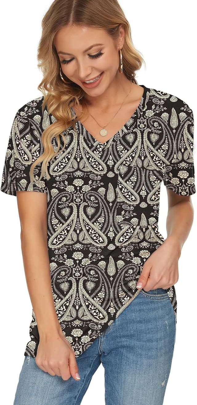 Detalle de MOLERANI T-shirt femme d’été à manches courtes en tissu extensible, col V et style boho noir (jusqu’en 2XL)