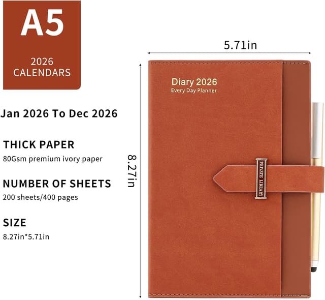 Detalle de Academic Diary 2026 A5 Day per Page (Jan 2026–Dec 2026) with Month View & Pen, Brown Hardcover