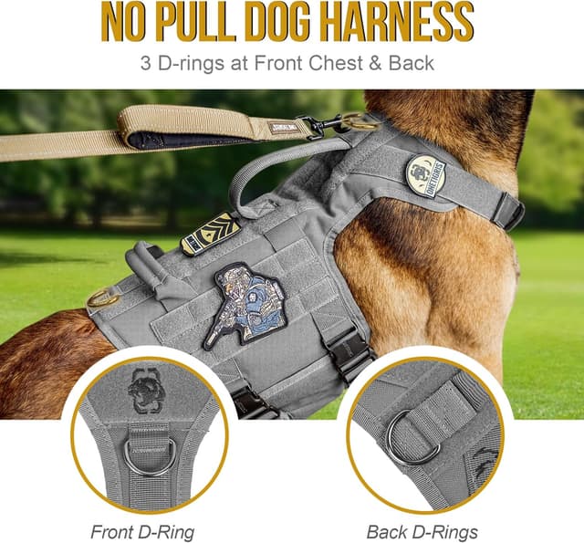 Detalle de OneTigris tactical dog harness with 5X metal buckles, Molle vest & front no-pull clip (M, grey)