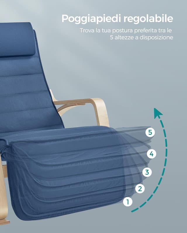 Detalle 2 de SONGMICS LYY010Q01 Sedia a dondolo in betulla con poggiapiedi regolabile a 5 altezze, portata 150 kg (Blu Notte/Naturale)