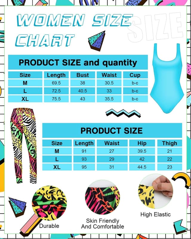 Detalle 2 de BIQIQI 80s Costume Accessories Set (swimwear, leggings, leg warmers, headband & more) for girls and women