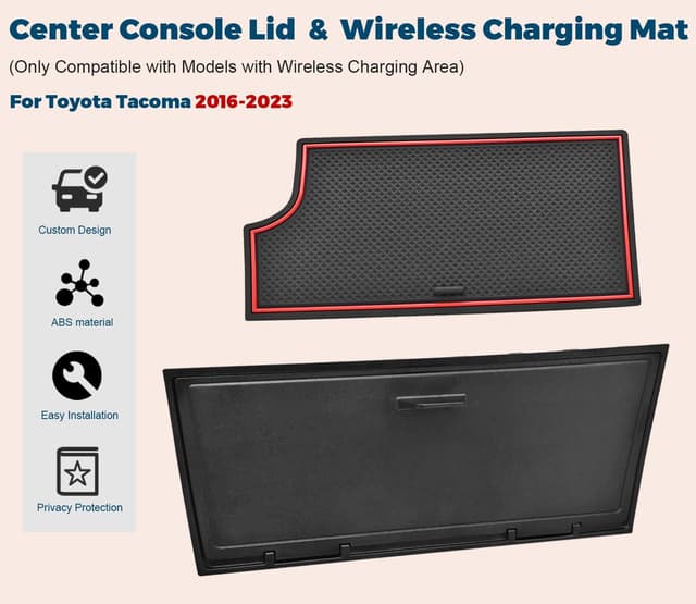 Detalle 2 de GZSH Hidden Front Center Console Cover for Toyota Tacoma (2016–2023, 3rd Gen) — ABS Privacy Lid with Isolation Wireless Charging