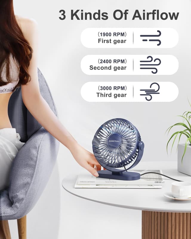 Detalle de SWEETFULL USB Desk Fan (Pure Blue) – 3-speed silent mini fan with 360° adjustment