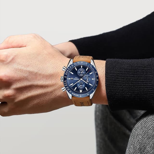 Detalle 2 de NIBOSI Orologio da uomo analogico al quarzo cronografo con data e pelle