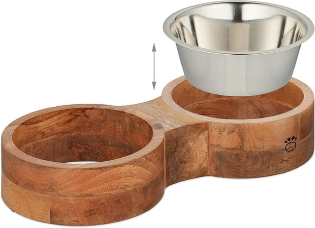 Detalle 2 de Relaxdays Hundenapfbar mit 2 Edelstahlnäpfen (2 x ca. 2,2 l) – Futterbar Natur/Silber für mittelgroße & große Hunde