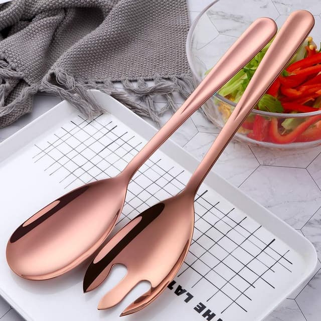 Detalle de BISDARUN salad spoon and fork set (stainless steel), rose gold serving spoons for large servings