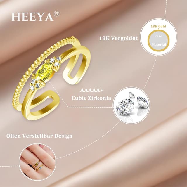 Detalle 2 de HEEYA Damenring Gold wasserfest – Silber 925 18K vergoldet mit Zirkonia, offen & verstellbar