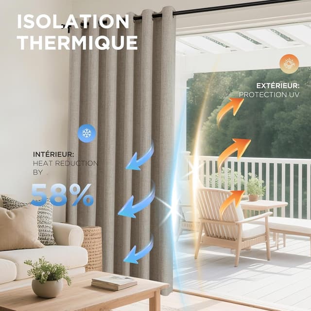 Detalle 2 de Joydeco rideaux occultants thermiques isolants anti-froid et anti-chaleur 132x210 cm (lot de 2) avec effet lin à œillets
