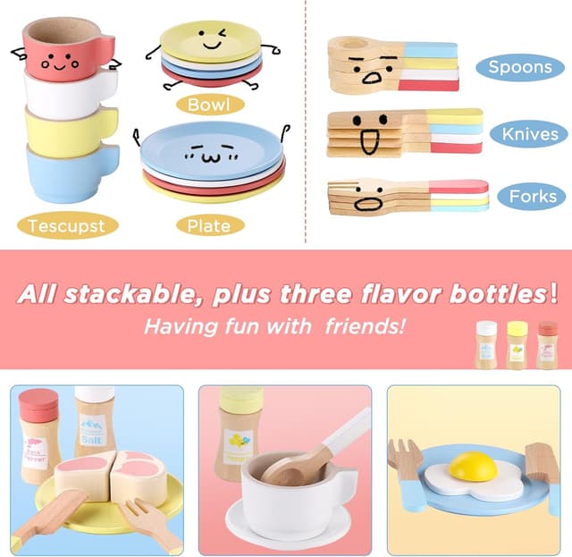 Detalle de GAGAKU Holz-Geschirrset für die Spielküche (27-teilig)