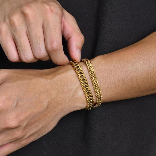 Detalle 2 de Herren Armband Edelstahl Panzerkette (2 Stück) 8 mm – mit kubanischem & doppel franco Kettenarmband, in Geschenkbox