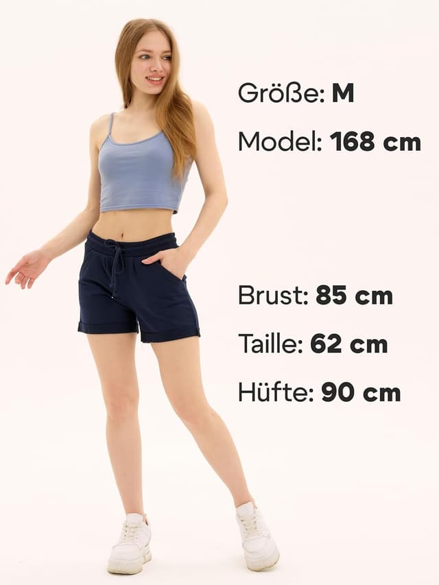 Detalle de Sommer-Shorts für Damen aus 100% Baumwolle mit Kordelzug und Seitentaschen (M–2XL) – Basic Farben