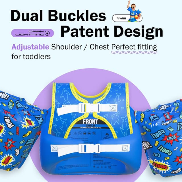Detalle 1 de Dark Lightning USCG-Approved Toddler Swim Vest (Ages 2–7) with Arm Floaties