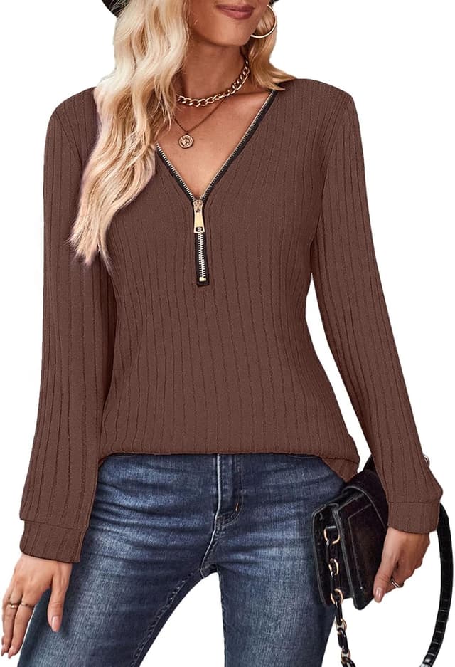 Detalle de Gemulate women’s long sleeve v-neck zip jumper – lightweight knit striped sweater
