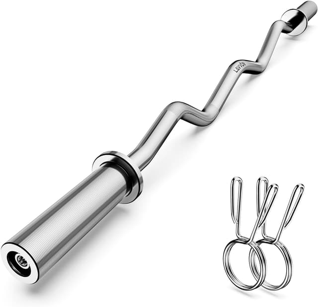 Detalle de LAVVON Olympic EZ Curl Barbell Bar 47in (2-inch) with Spring Collars – 500lb capacity chrome curl bar