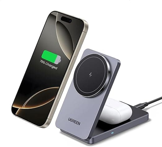 Detalle de UGREEN MagFlow Cargador Inalámbrico Magnético 2 en 1 ⚡