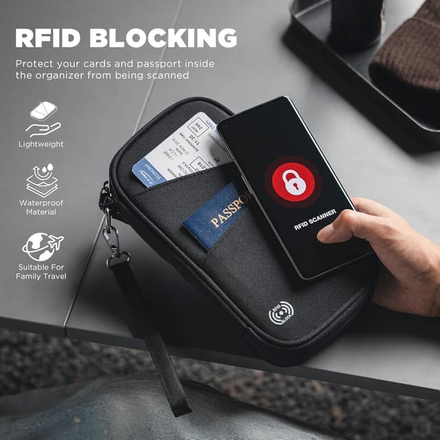Detalle de DUGRAFT Multiple Passport Holder Travel Family (RFID Blocking) – Waterproof Black Document Wallet with Straps