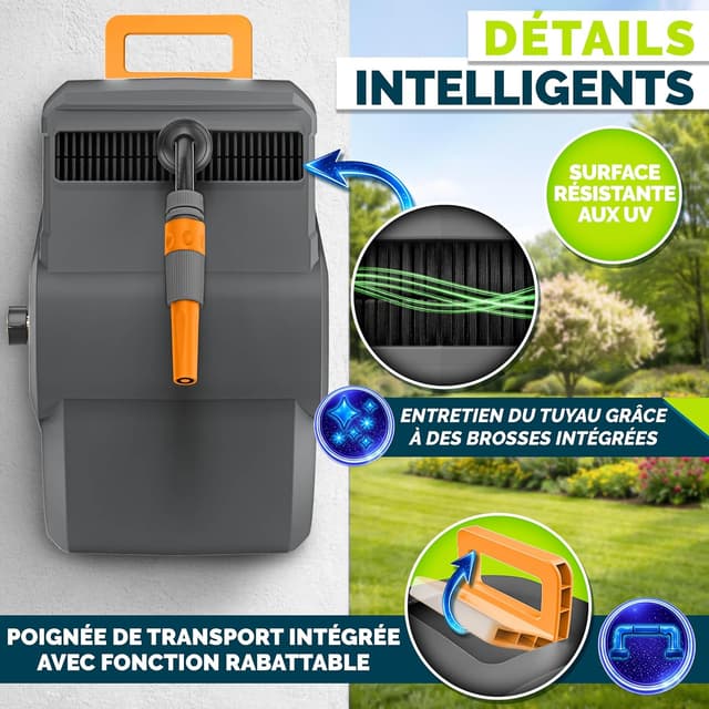 Thumbnail 6 de Tillvex enrouleur de tuyau mural 20+2 m avec pistolet 9 jets, pivotant à 180° (anthracite/orange)