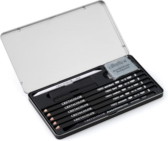 Detalle 2 de Cretacolor Deep Black – Set de dessin noir profond (10 pièces) avec gomme et essuie-papier