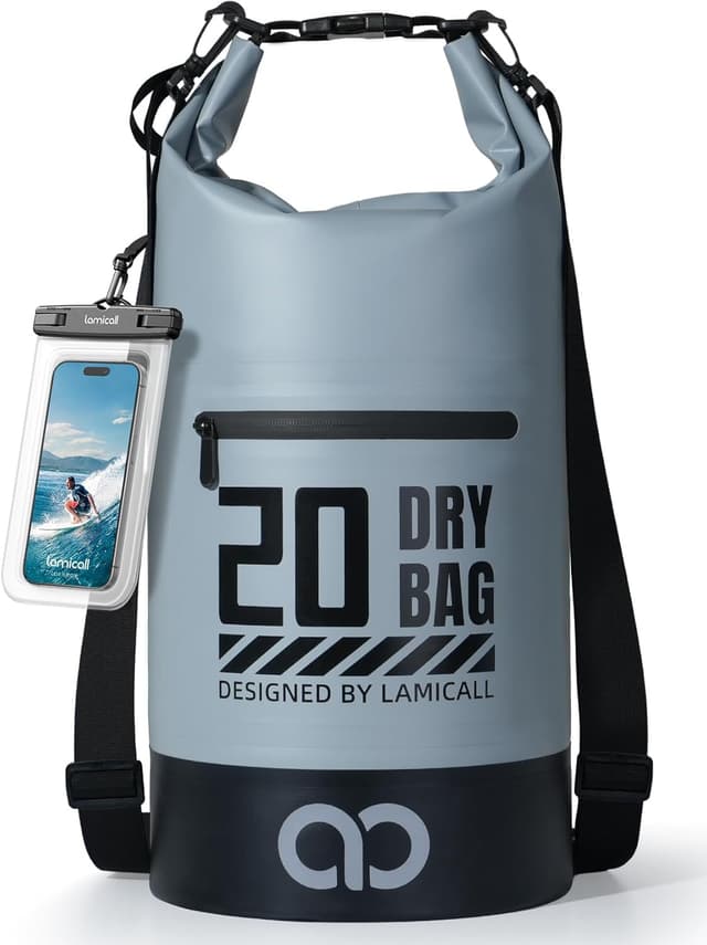 Detalle de Lamicall Dry Bag Waterproof Bag with IPX8 phone pouch (20L, Grey) – PVC 500D drybag for kayaking, camping & boating