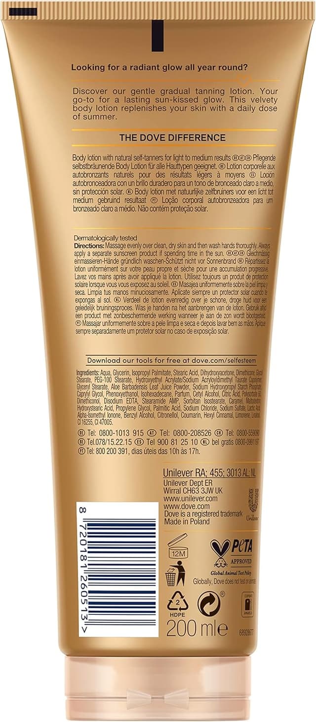 Detalle 2 de Dove Lozione Corpo Autoabbronzante tono chiaro medio 200 ml