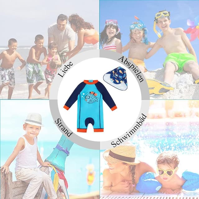 Detalle 2 de upandfast Baby Jungen Badeanzug mit Sonnenhut UPF 50+ und Reißverschluss