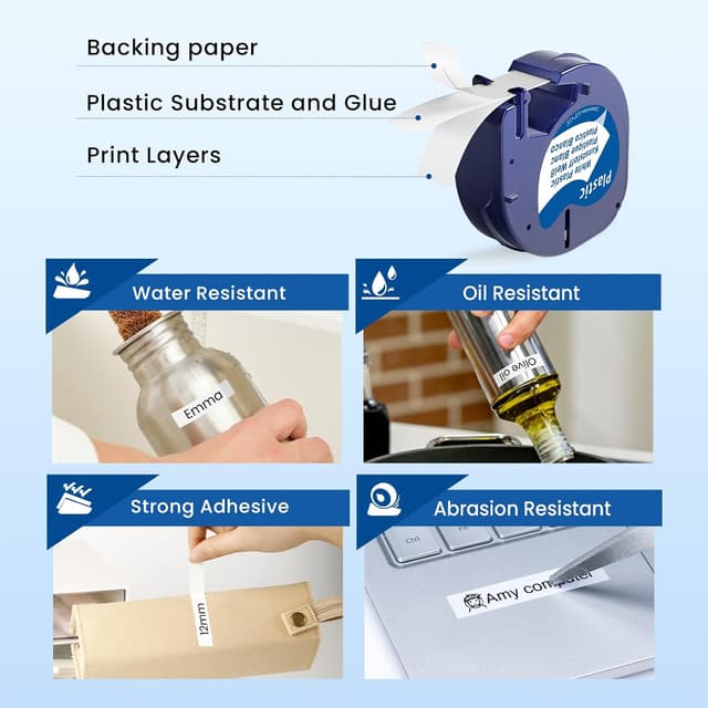 Detalle de A91221 White Plastic Etikettenband 12 mm x 4 m (kompatibel mit Dymo LetraTag & weiteren Geräten) – wasserfest & UV-beständig