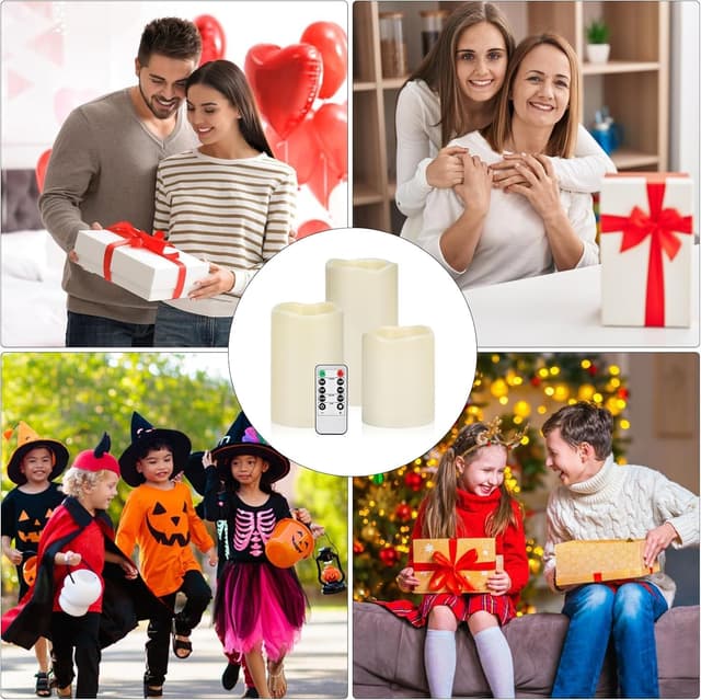 Detalle de Aku Tonpa 3 Pack Ivory Flameless Candles Set (4", 5" & 6") with 10-Key Remote & Timer