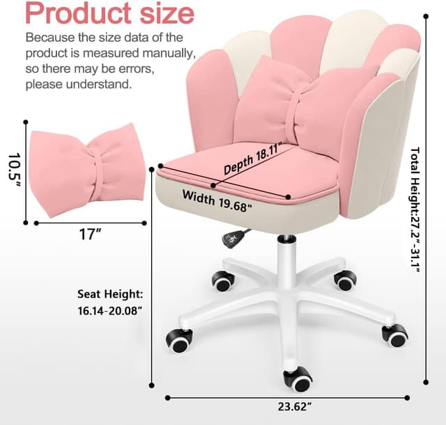 Detalle 2 de XUEGW Schreibtischstuhl mit Blütenblatt-Design aus Samt, Schleife und 360° Dreh-Rollen fürs Heimbüro