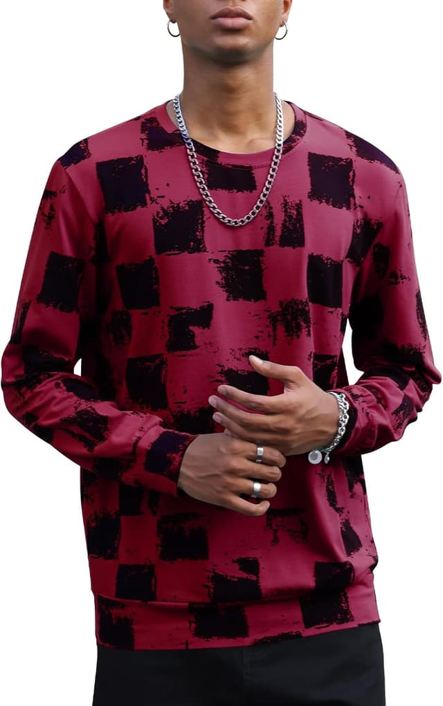 Detalle de PCEAIIH men’s checkerboard long-sleeve printed T-shirt with round neck
