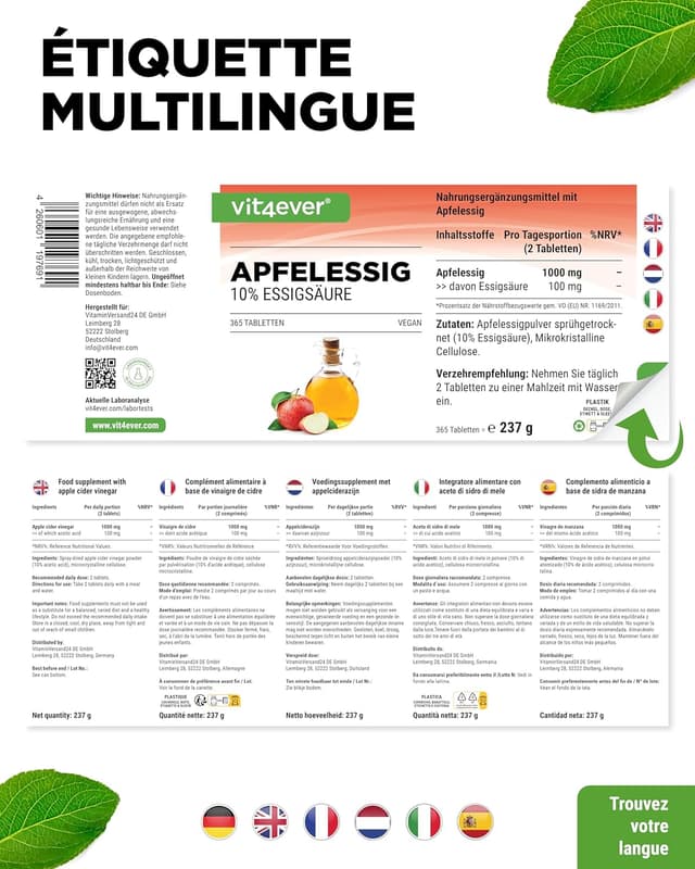 Detalle 2 de Vinaigre de cidre en comprimés – 365 comprimés Forte Dose (1000 mg par portion journalière) avec 10% d’acide acétique