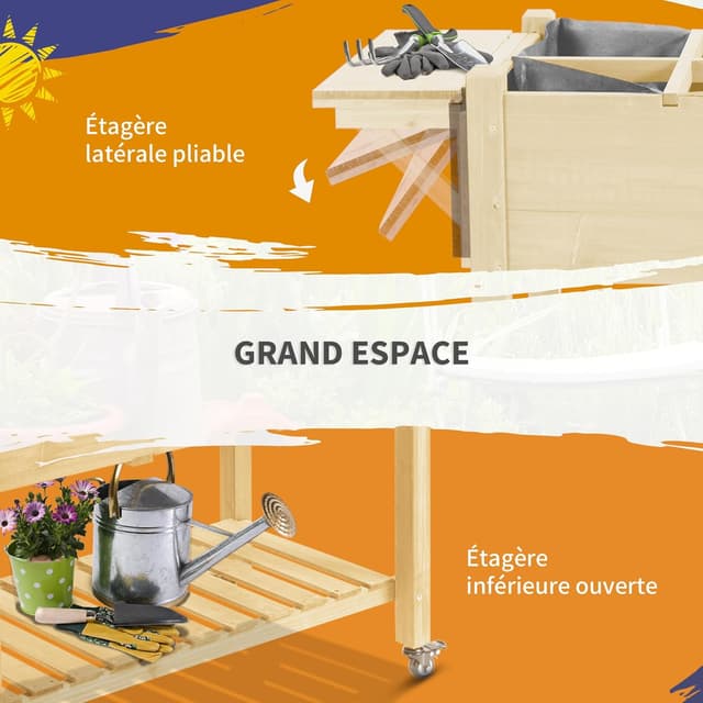 Detalle de Outsunny Jardinière sur pied sur roulettes avec étagère et tablette rabattable (123 x 54 x 87 cm)
