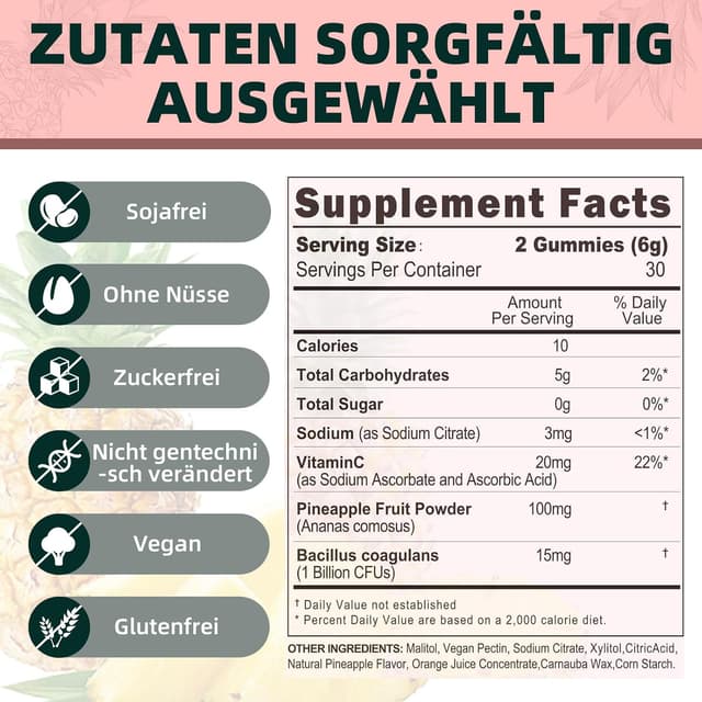 Detalle de Feminine Balance Gummies mit Ananas & Vitamin C – vegan & zuckerfrei, 60 Stück (30 Portionen)
