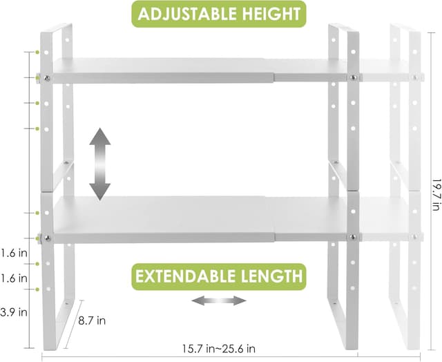 Detalle de Across-Star Expandable Cabinet Shelf Organizer Rack (White) — Adjustable Height Spice/Pantry Shelf, 2 Pack