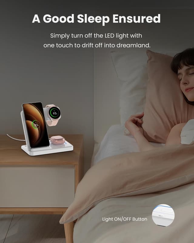 Detalle 2 de GEEKERA 3-in-1 Wireless Charger Dock for Samsung (Foldable stand for phone, watch & Buds) - White