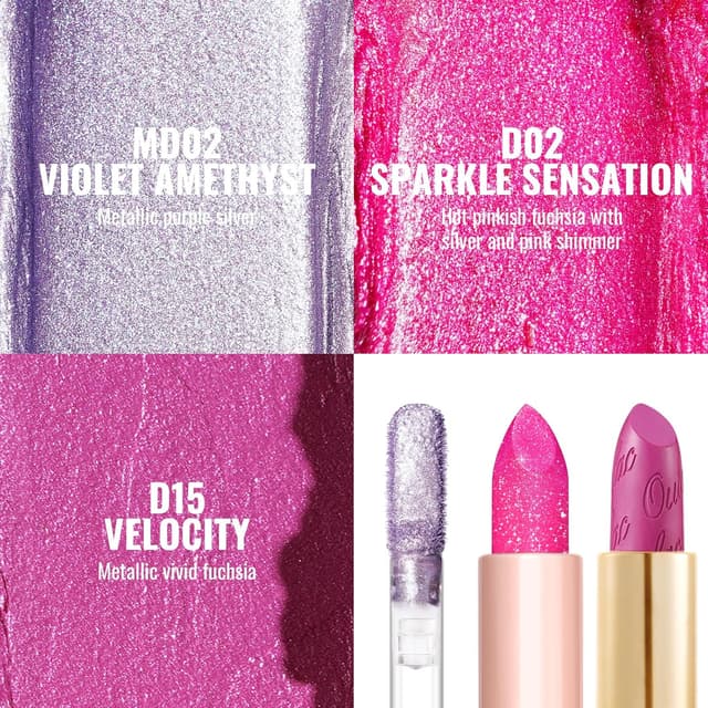 Detalle de OULAC Purple Pink Metallic Lipstick Kit (MD02 + D02 + MSD15) – 3-Piece Shimmer & High Pigment Set