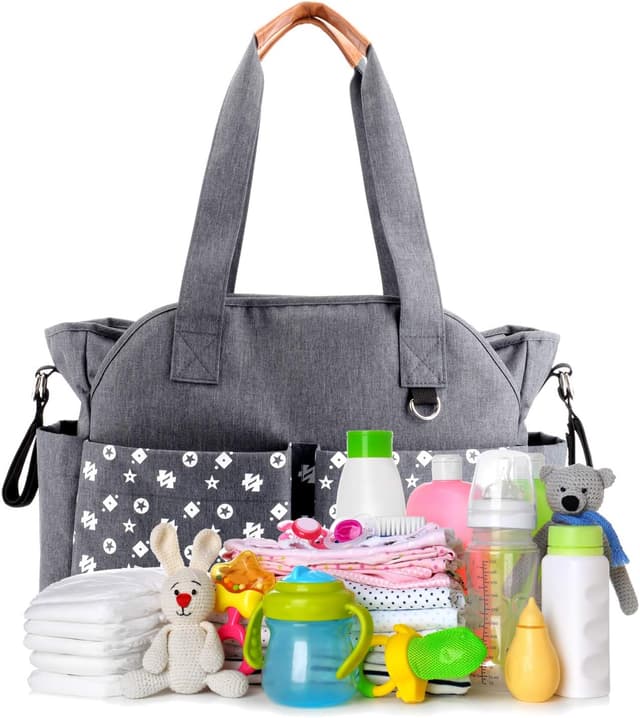 Detalle 2 de Homlynn sac à langer fourre-tout gris avec sangles de landau, 12 poches