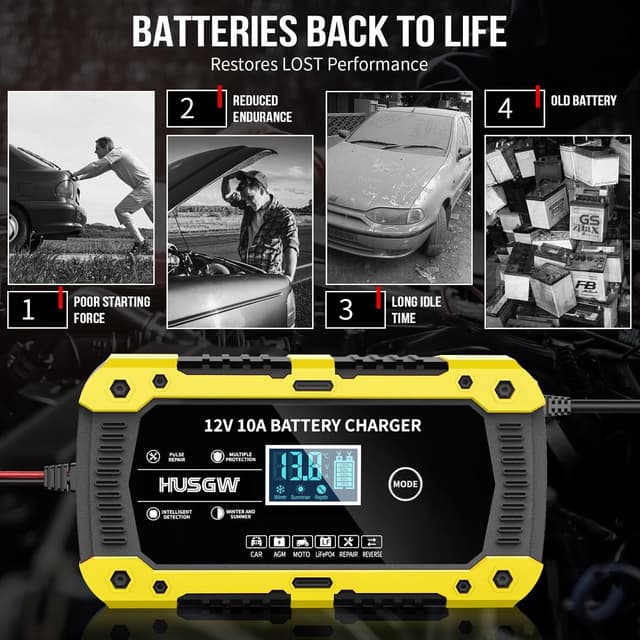 Detalle de Caricabatterie auto e moto 12V 10A con display LCD e multi-protezioni (modalità CAR, AGM, MOTO, LiFePO4, REPAIR) – Giallo 10A