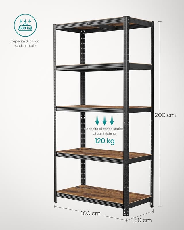Detalle de SONGMICS Scaffalatura GLR050B11, 50 x 100 x 200 cm, portata 600 kg, ripiani regolabili, stile vintage marrone e nero
