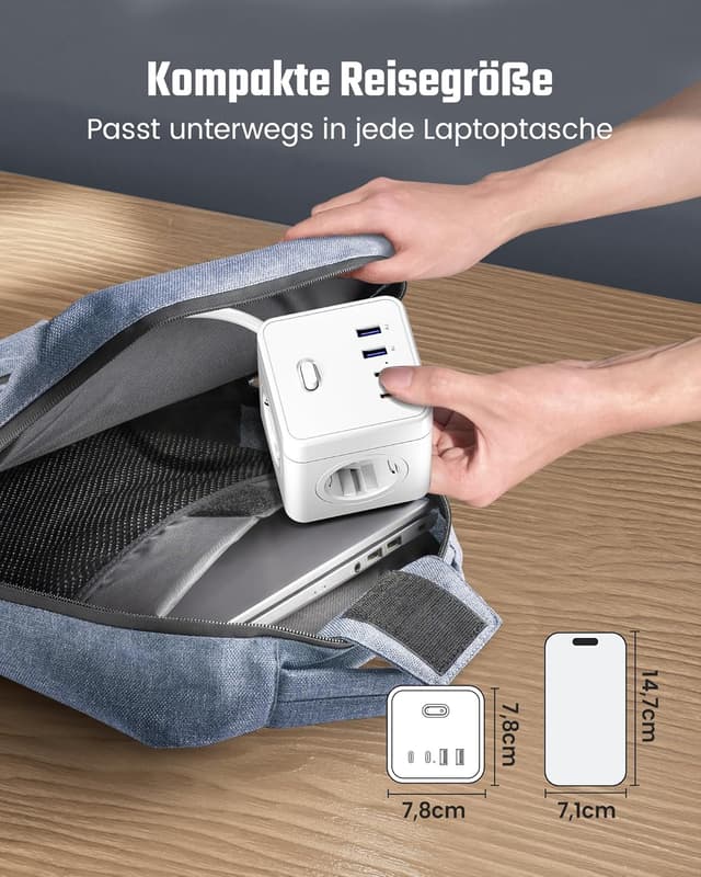 Detalle de RIXGLEAM Steckdosenwürfel mit USB 8-in-1 (2× USB‑C bis 20 W, 4× Schuko, 1,5 m) weiß